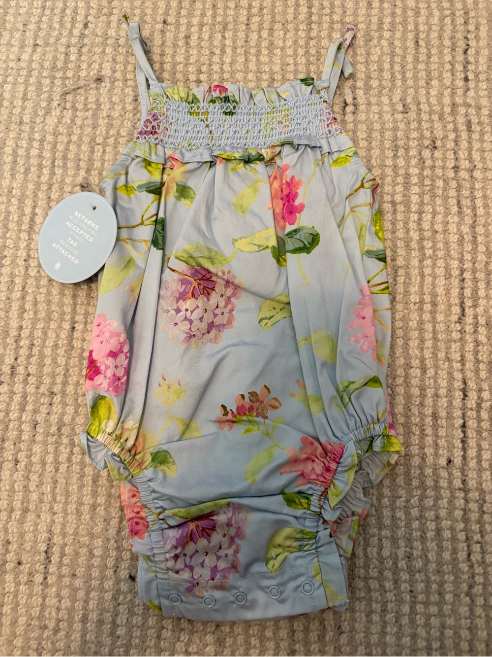 Baby Floral Smocked Romper - Light Blue with Pink Blooms